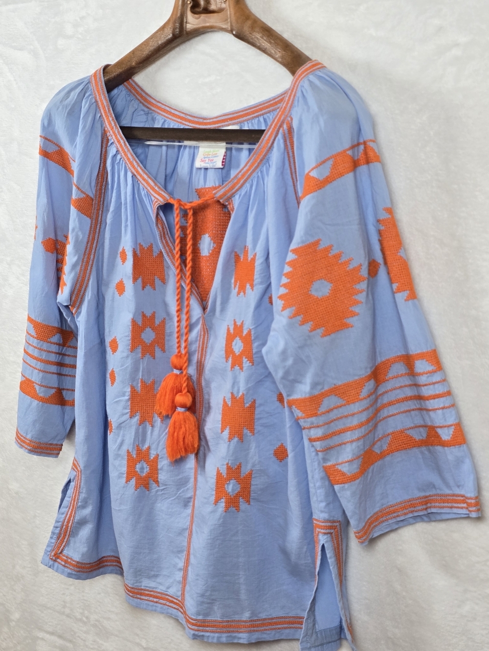 Gretchen Scott Montezuma Tunic Light Blue Orange Embroidered Cotton Boho Top XL - Picture 5 of 14
